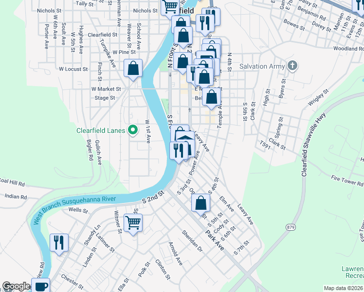 map of restaurants, bars, coffee shops, grocery stores, and more near 212 S Front St in Clearfield
