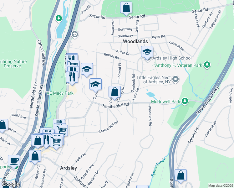 map of restaurants, bars, coffee shops, grocery stores, and more near 17 Victoria Road in Ardsley