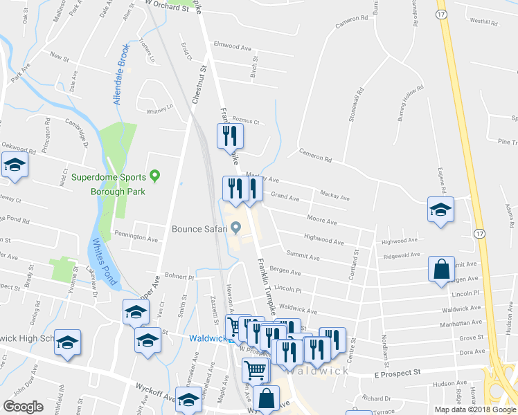 map of restaurants, bars, coffee shops, grocery stores, and more near 20 Summit Avenue in Waldwick