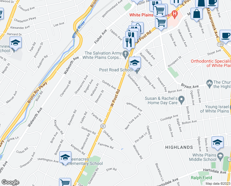 map of restaurants, bars, coffee shops, grocery stores, and more near 80 Lynton Place in White Plains