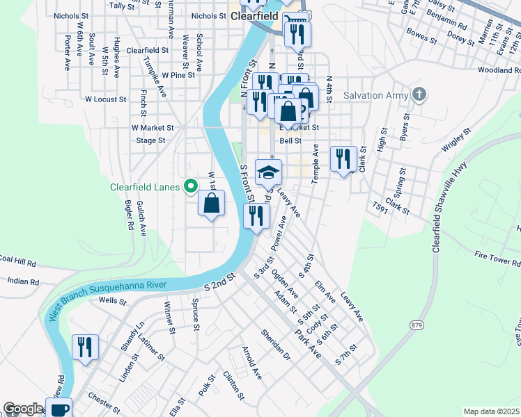 map of restaurants, bars, coffee shops, grocery stores, and more near 212 S Front St in Clearfield