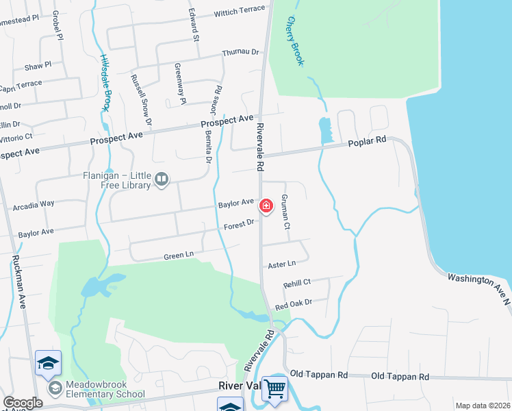 map of restaurants, bars, coffee shops, grocery stores, and more near 575 Rivervale Road in River Vale