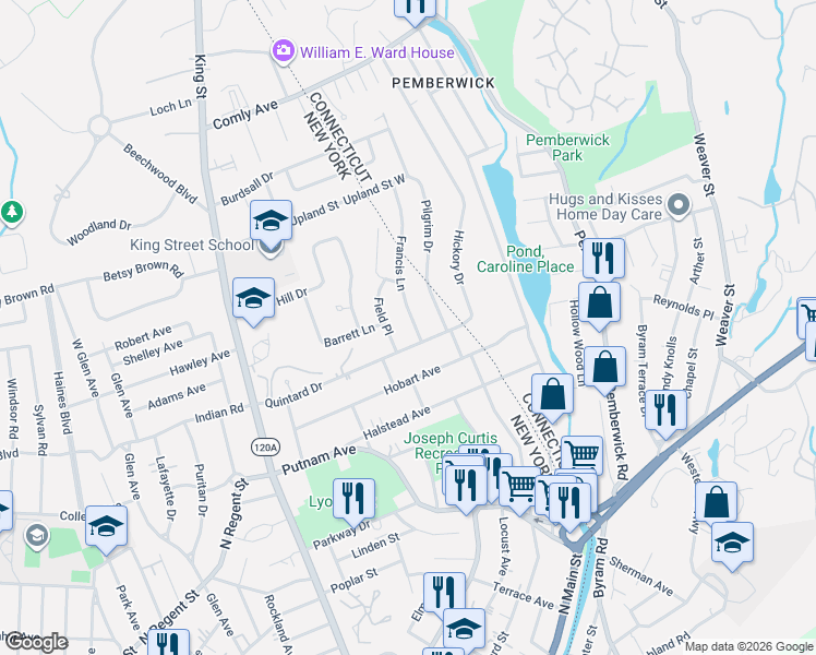 map of restaurants, bars, coffee shops, grocery stores, and more near 1 Francis Lane in Port Chester