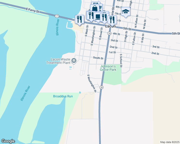 map of restaurants, bars, coffee shops, grocery stores, and more near 718 South Washington Street in Lacon