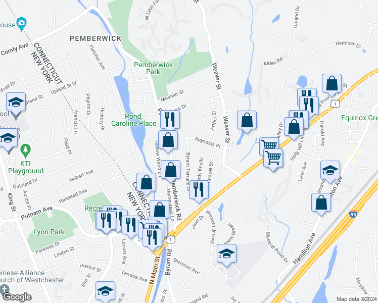 map of restaurants, bars, coffee shops, grocery stores, and more near 55B Byram Terrace Drive in Greenwich