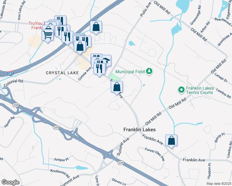 map of restaurants, bars, coffee shops, grocery stores, and more near Franklin Avenue in Bergen County