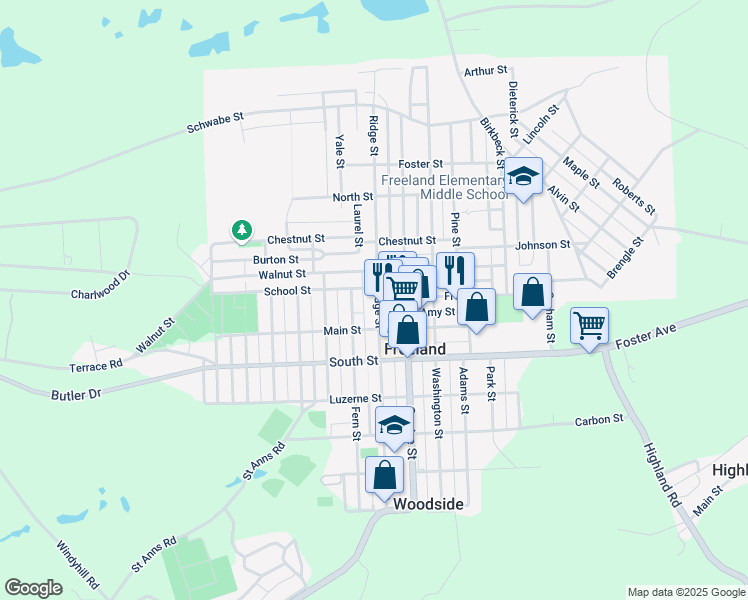 map of restaurants, bars, coffee shops, grocery stores, and more near 644 Ridge Street in Freeland