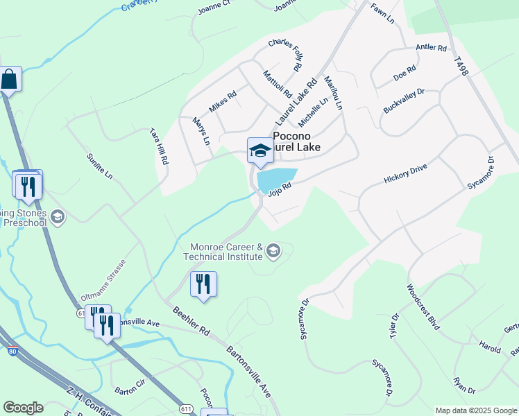 map of restaurants, bars, coffee shops, grocery stores, and more near 304 Laurel Lake Road in Monroe County