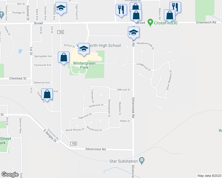 map of restaurants, bars, coffee shops, grocery stores, and more near 754 Hillcrest Drive in Wadsworth