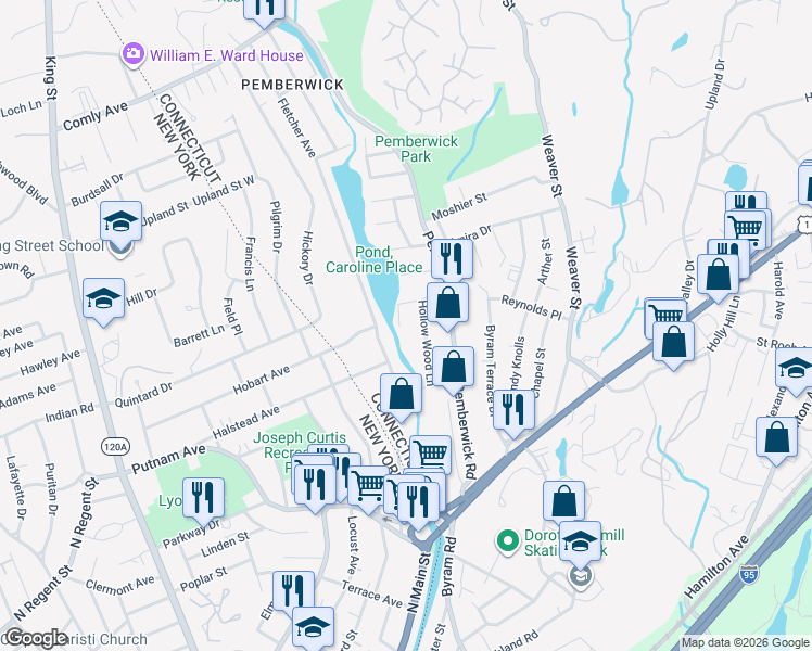 map of restaurants, bars, coffee shops, grocery stores, and more near 100 Hollow Wood Lane in Greenwich