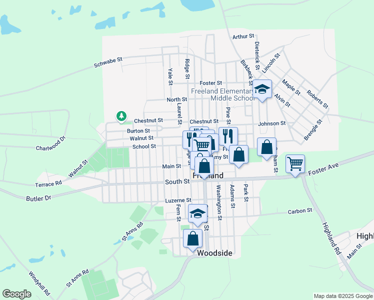 map of restaurants, bars, coffee shops, grocery stores, and more near 644 Ridge Street in Freeland