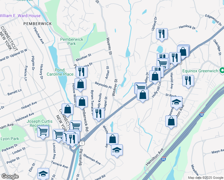 map of restaurants, bars, coffee shops, grocery stores, and more near 46 Weaver Street in Greenwich