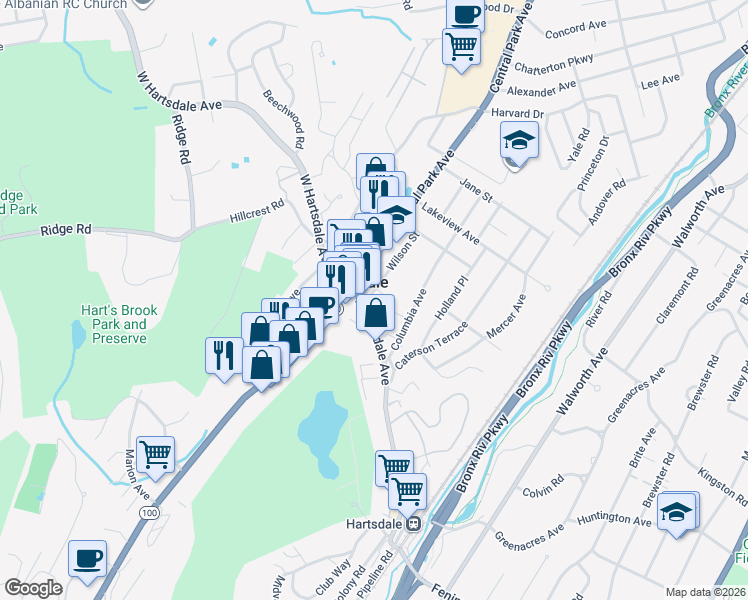 map of restaurants, bars, coffee shops, grocery stores, and more near 33 Wilson Street in Hartsdale