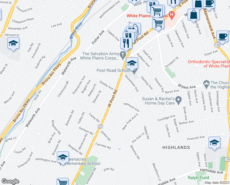 map of restaurants, bars, coffee shops, grocery stores, and more near 240 West Post Road in White Plains