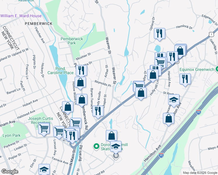 map of restaurants, bars, coffee shops, grocery stores, and more near 46 Weaver Street in Greenwich