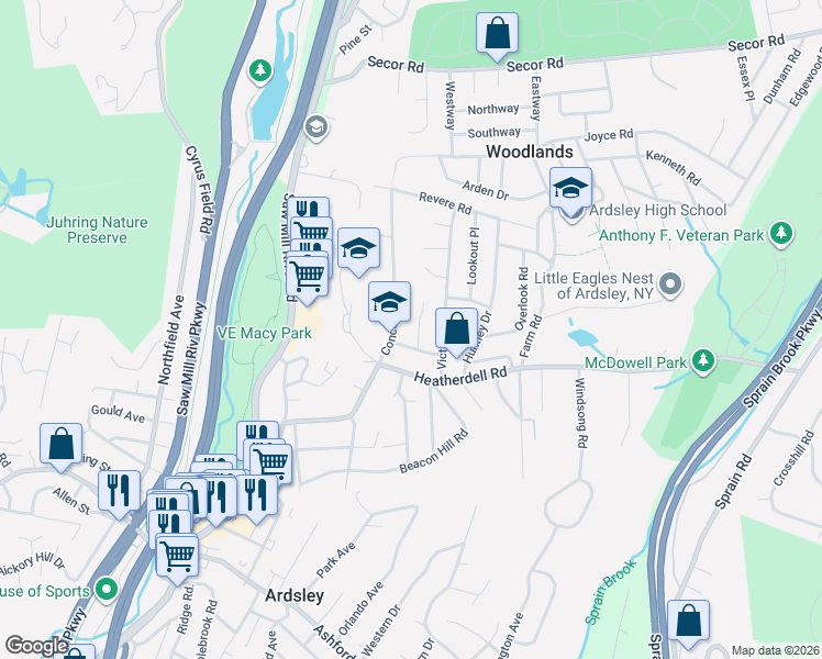 map of restaurants, bars, coffee shops, grocery stores, and more near 10 Columbia Road in Ardsley
