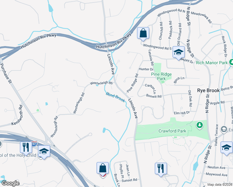 map of restaurants, bars, coffee shops, grocery stores, and more near 51 Lincoln Avenue in Rye Brook
