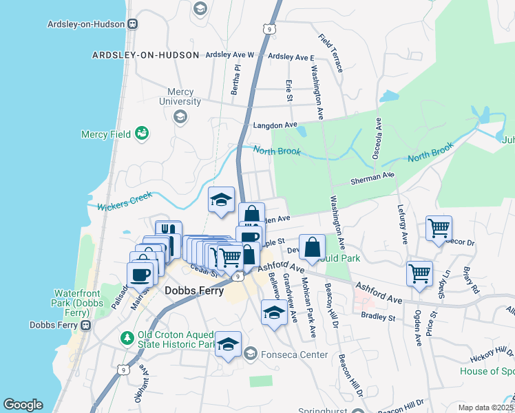 map of restaurants, bars, coffee shops, grocery stores, and more near 5 Seneca Street in Dobbs Ferry