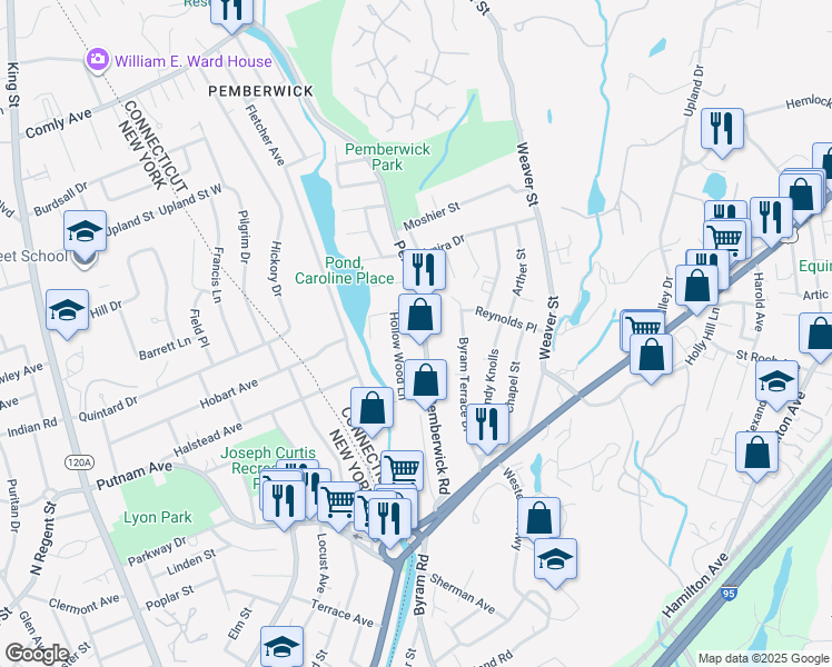 map of restaurants, bars, coffee shops, grocery stores, and more near 76 Pemberwick Road in Greenwich