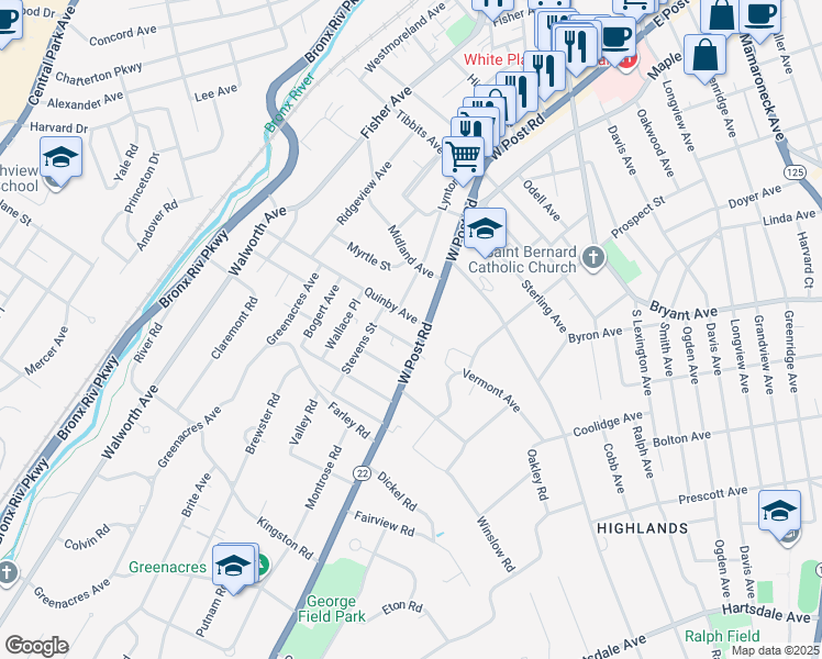 map of restaurants, bars, coffee shops, grocery stores, and more near 80 Lynton Place in White Plains