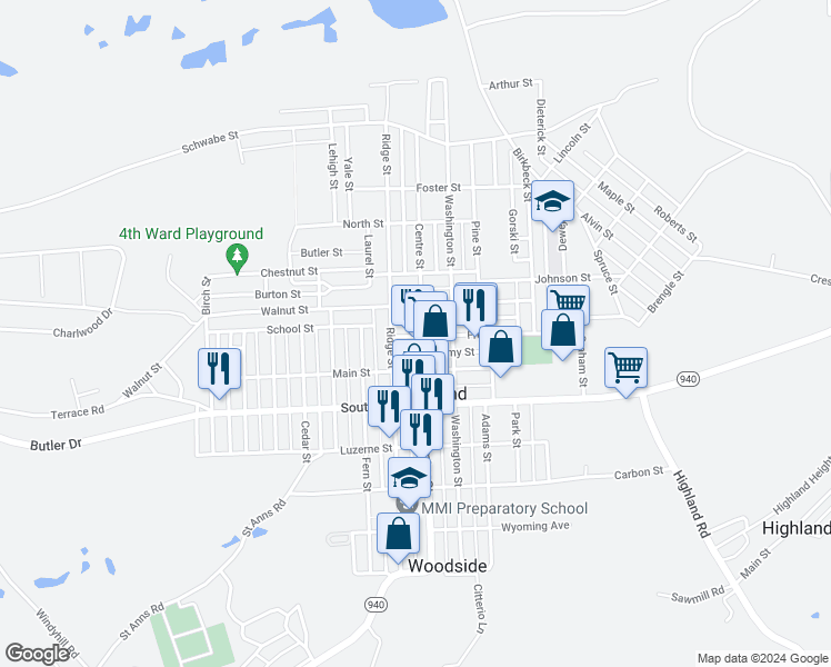 map of restaurants, bars, coffee shops, grocery stores, and more near 725 Ridge St in Freeland