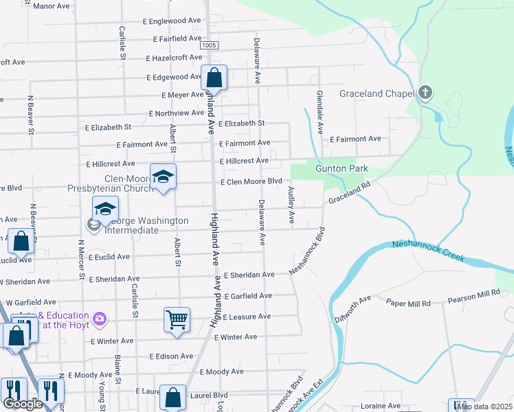 map of restaurants, bars, coffee shops, grocery stores, and more near 1709 Delaware Avenue in New Castle