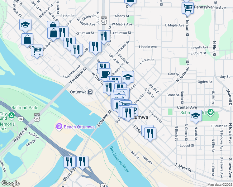 map of restaurants, bars, coffee shops, grocery stores, and more near 105 West 2nd Street in Ottumwa