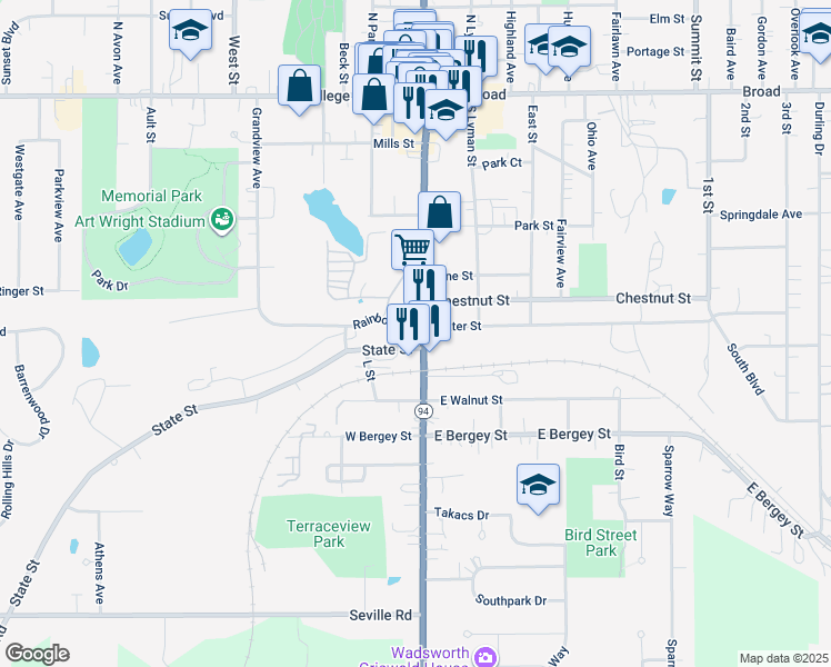 map of restaurants, bars, coffee shops, grocery stores, and more near 332 Main Street in Wadsworth