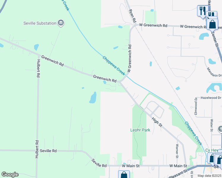 map of restaurants, bars, coffee shops, grocery stores, and more near 5222 Greenwich Road in Seville