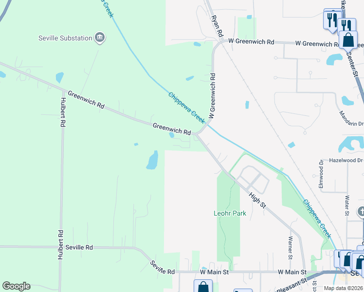 map of restaurants, bars, coffee shops, grocery stores, and more near 5222 Greenwich Road in Seville