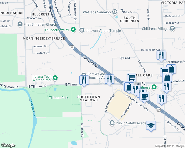 map of restaurants, bars, coffee shops, grocery stores, and more near 7240 John Street in Fort Wayne