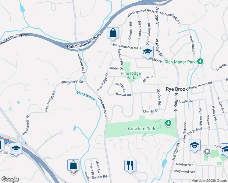map of restaurants, bars, coffee shops, grocery stores, and more near 47 Bonwit Road in Rye Brook