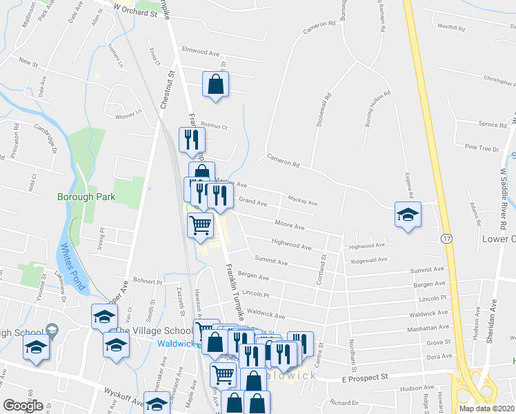 map of restaurants, bars, coffee shops, grocery stores, and more near 32 Grand Avenue in Waldwick