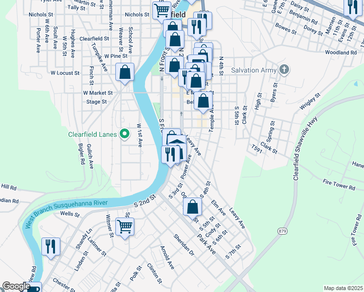 map of restaurants, bars, coffee shops, grocery stores, and more near 220 South 2nd Street in Clearfield