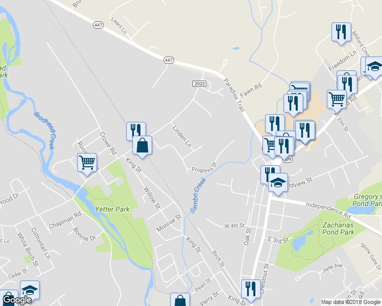 map of restaurants, bars, coffee shops, grocery stores, and more near 2 Pinecrest Street in East Stroudsburg