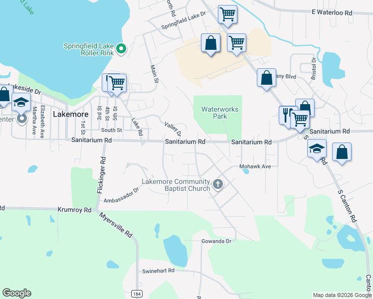 map of restaurants, bars, coffee shops, grocery stores, and more near 2726 Sanitarium Road in Akron