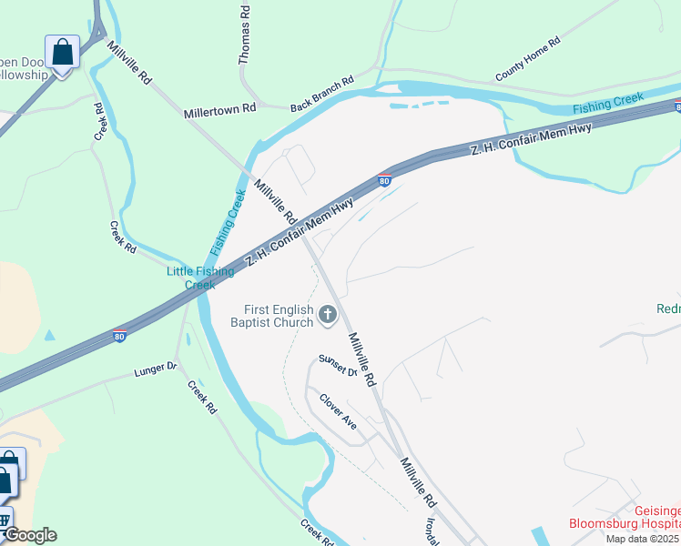 map of restaurants, bars, coffee shops, grocery stores, and more near 103 Hemlock Lane in Bloomsburg