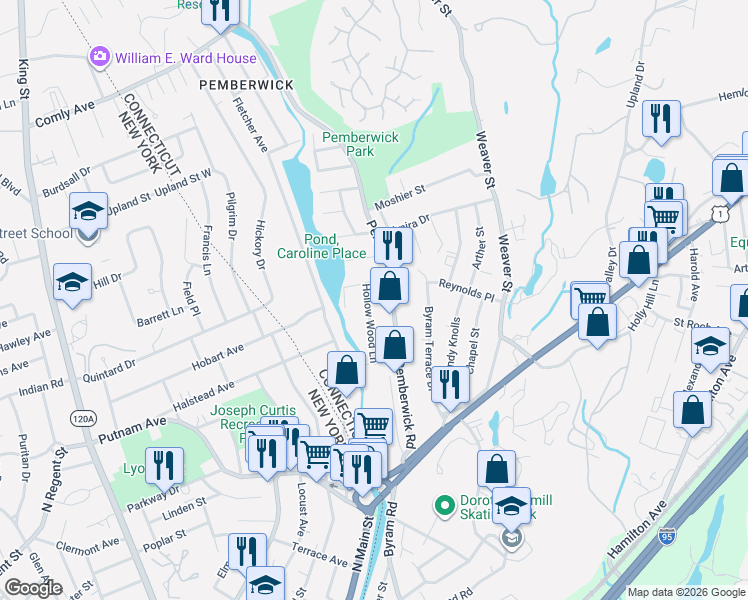 map of restaurants, bars, coffee shops, grocery stores, and more near 100 Hollow Wood Lane in Greenwich