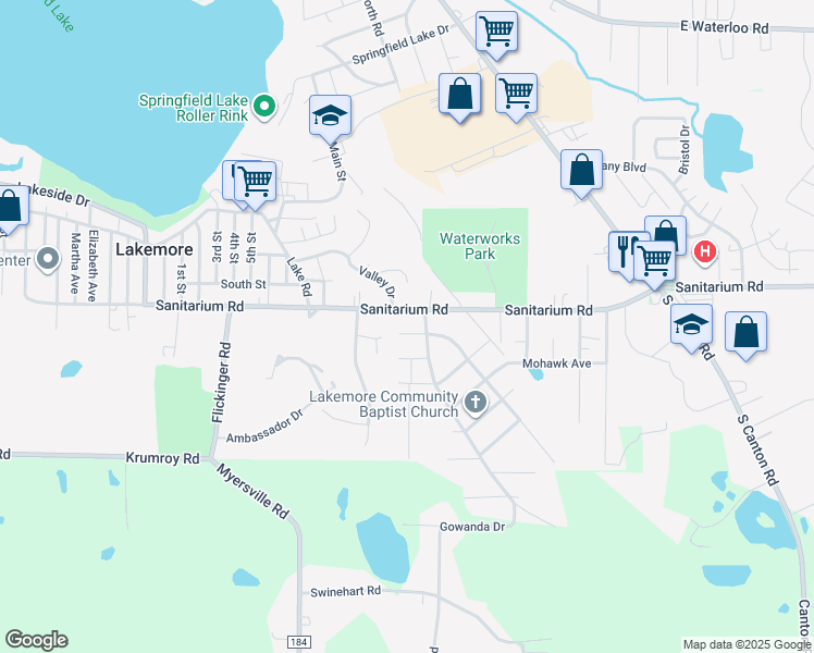 map of restaurants, bars, coffee shops, grocery stores, and more near 2726 Sanitarium Road in Akron