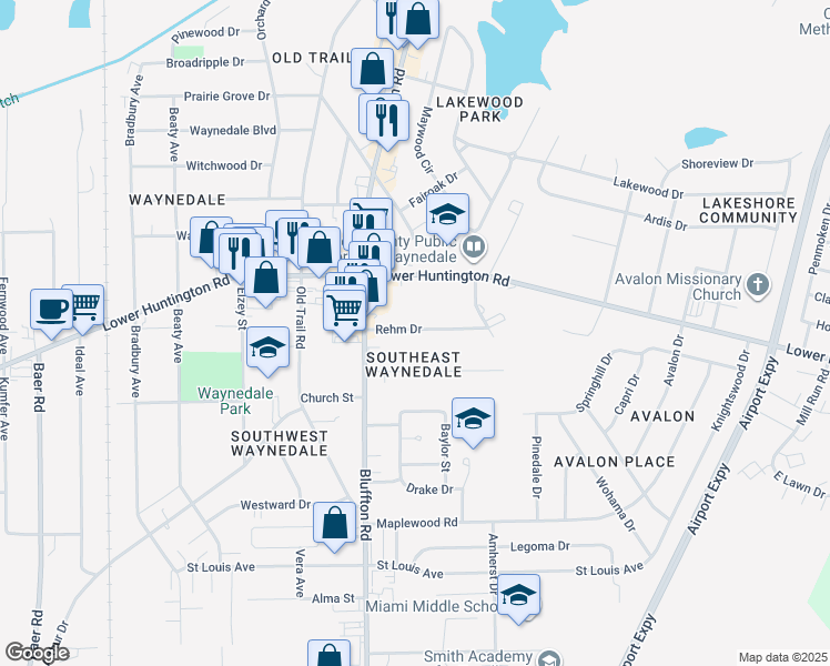 map of restaurants, bars, coffee shops, grocery stores, and more near 2216-2302 Rehm Drive in Fort Wayne