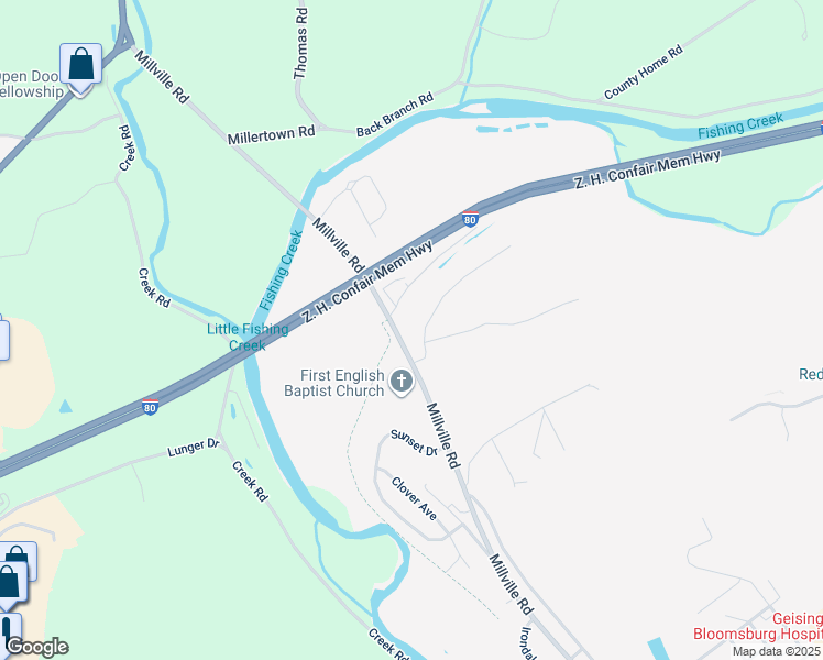 map of restaurants, bars, coffee shops, grocery stores, and more near 103 Hemlock Lane in Bloomsburg