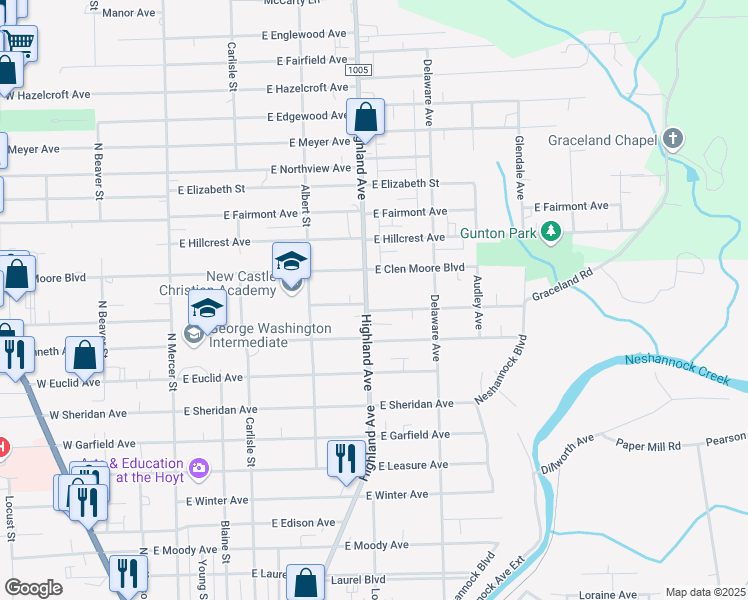 map of restaurants, bars, coffee shops, grocery stores, and more near 1706 Highland Avenue in New Castle