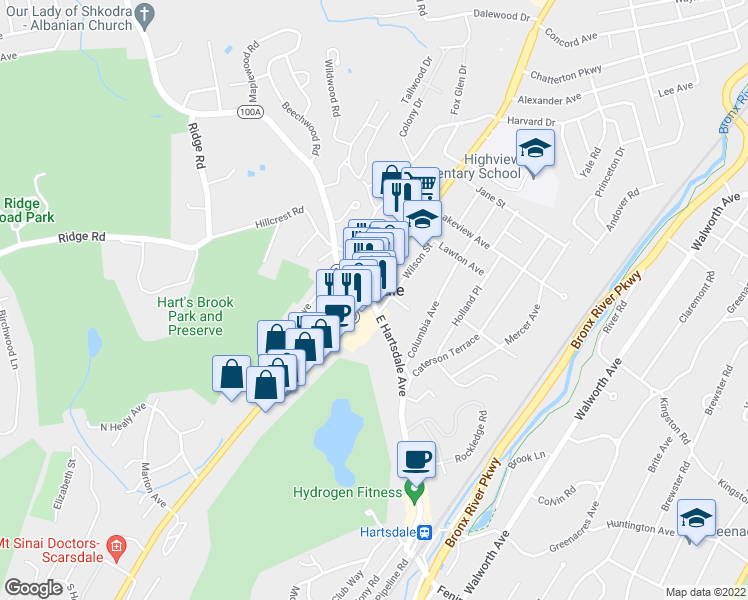 map of restaurants, bars, coffee shops, grocery stores, and more near in Hartsdale