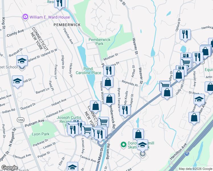 map of restaurants, bars, coffee shops, grocery stores, and more near 76 Pemberwick Road in Greenwich