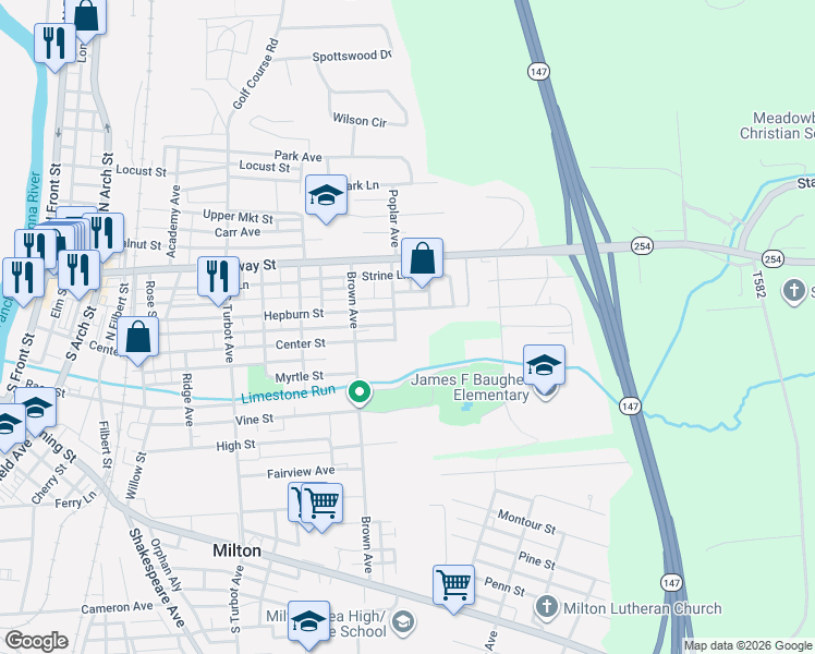 map of restaurants, bars, coffee shops, grocery stores, and more near 700 Hepburn Street in Milton
