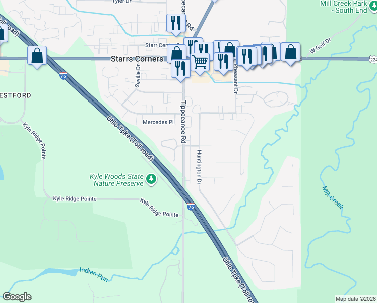 map of restaurants, bars, coffee shops, grocery stores, and more near 7574 Huntington Drive in Youngstown