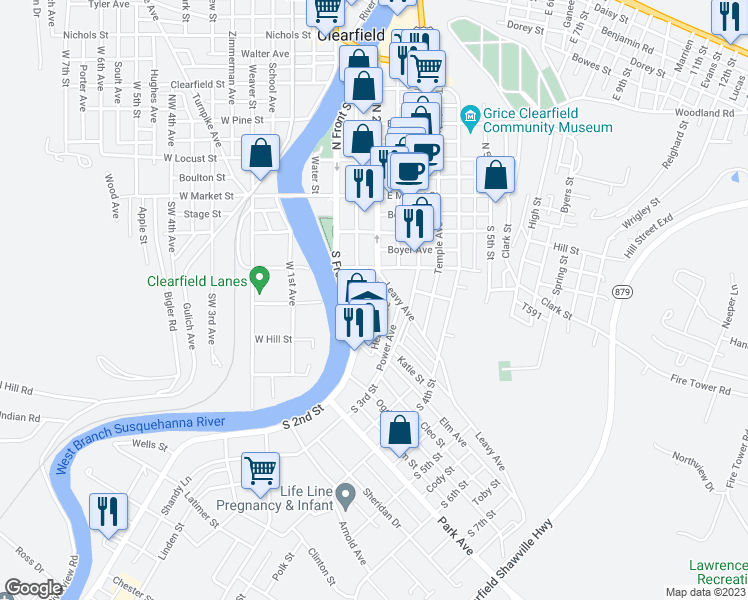 map of restaurants, bars, coffee shops, grocery stores, and more near 218 South 2nd Street in Clearfield