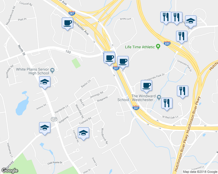 map of restaurants, bars, coffee shops, grocery stores, and more near 99 Jennings Road in White Plains