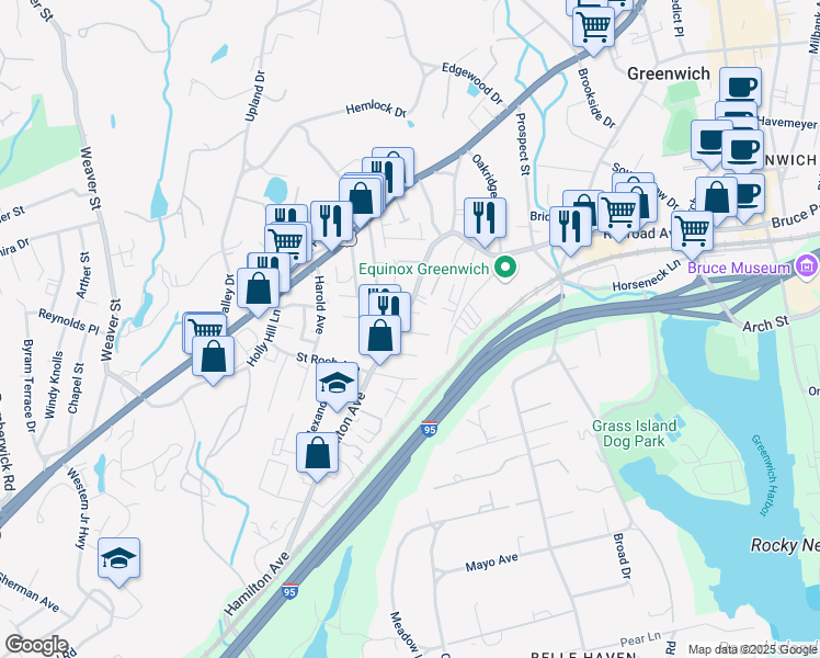 map of restaurants, bars, coffee shops, grocery stores, and more near 155 Hamilton Avenue in Greenwich