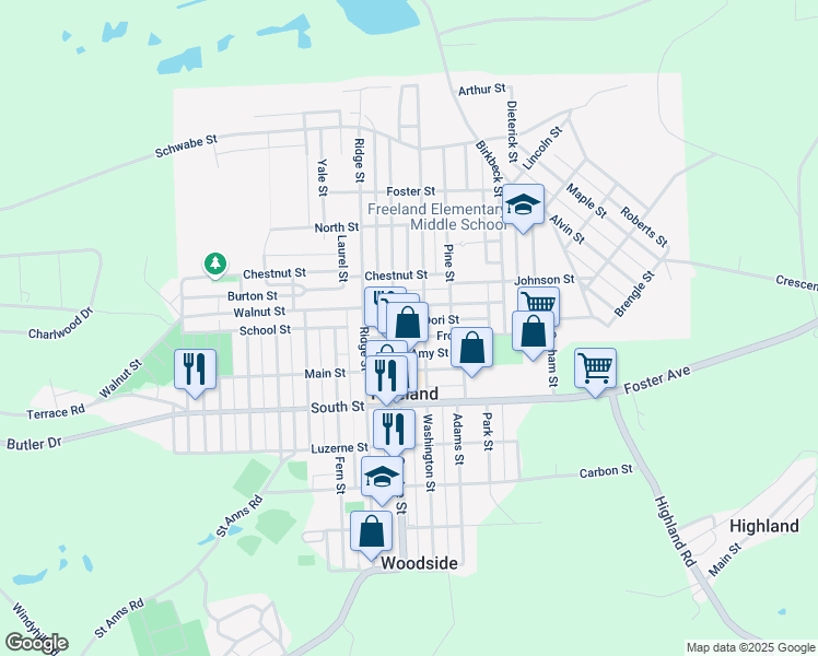 map of restaurants, bars, coffee shops, grocery stores, and more near 730 Walnut Street in Freeland